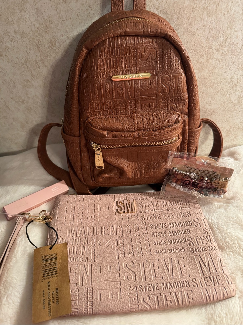 Steve Madden Women's Brown Embossed Mini Backpack with Pink Logo Pouch Bundle